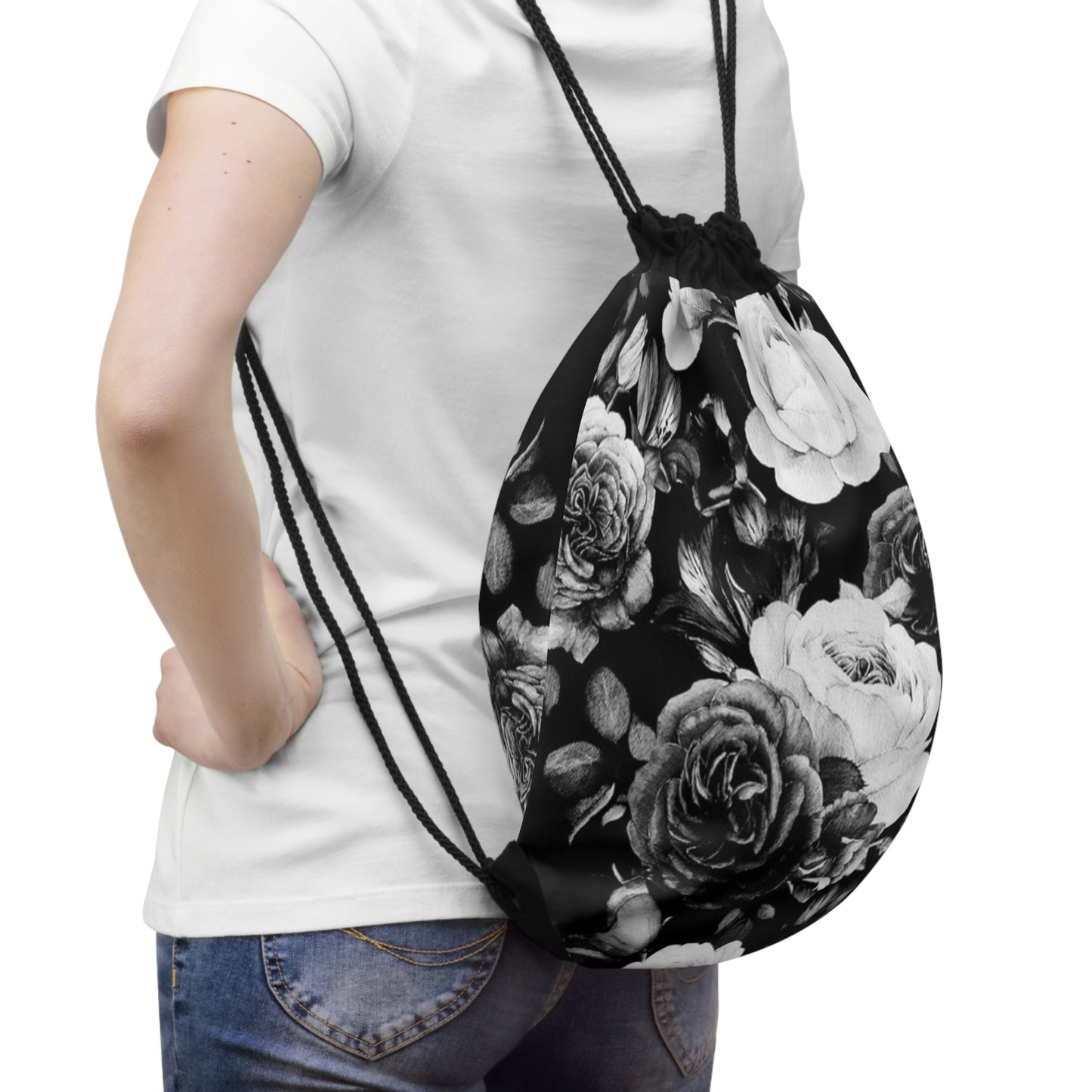 Black & White Floral Drawstring Bag