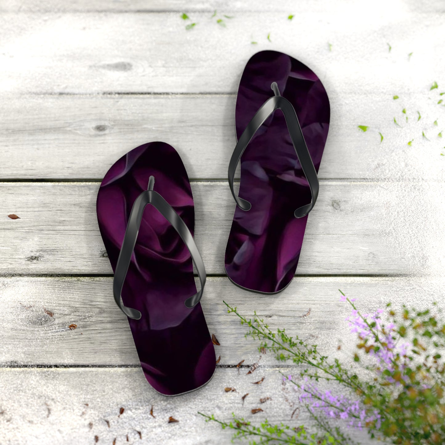 Dark Purple Floral Design Flip Flops