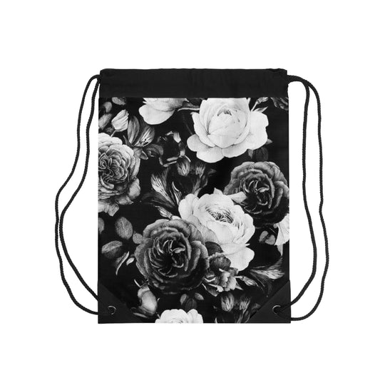 Black & White Floral Drawstring Bag