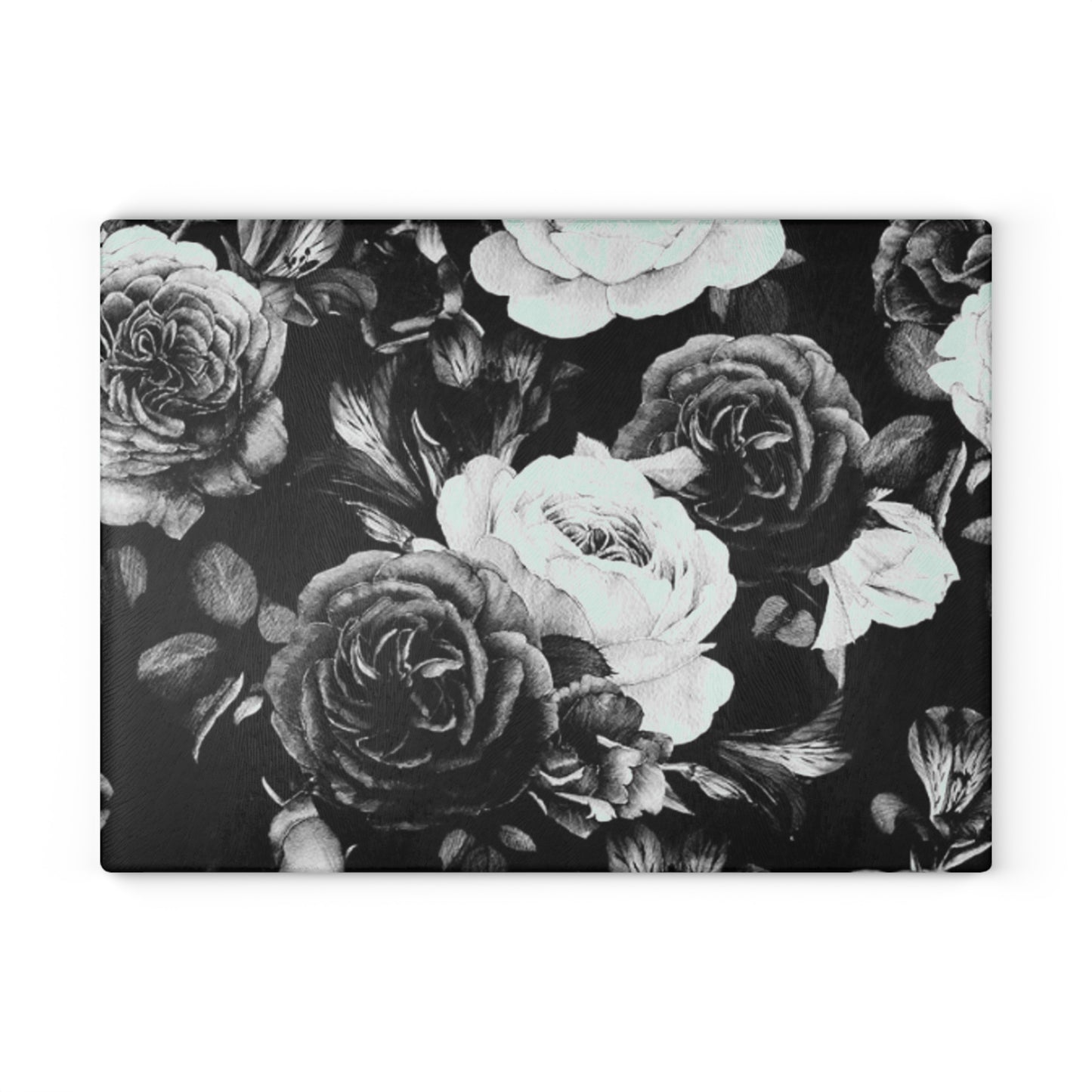 Black & White Floral Glass Cutting Board – Elegant Kitchen Decor