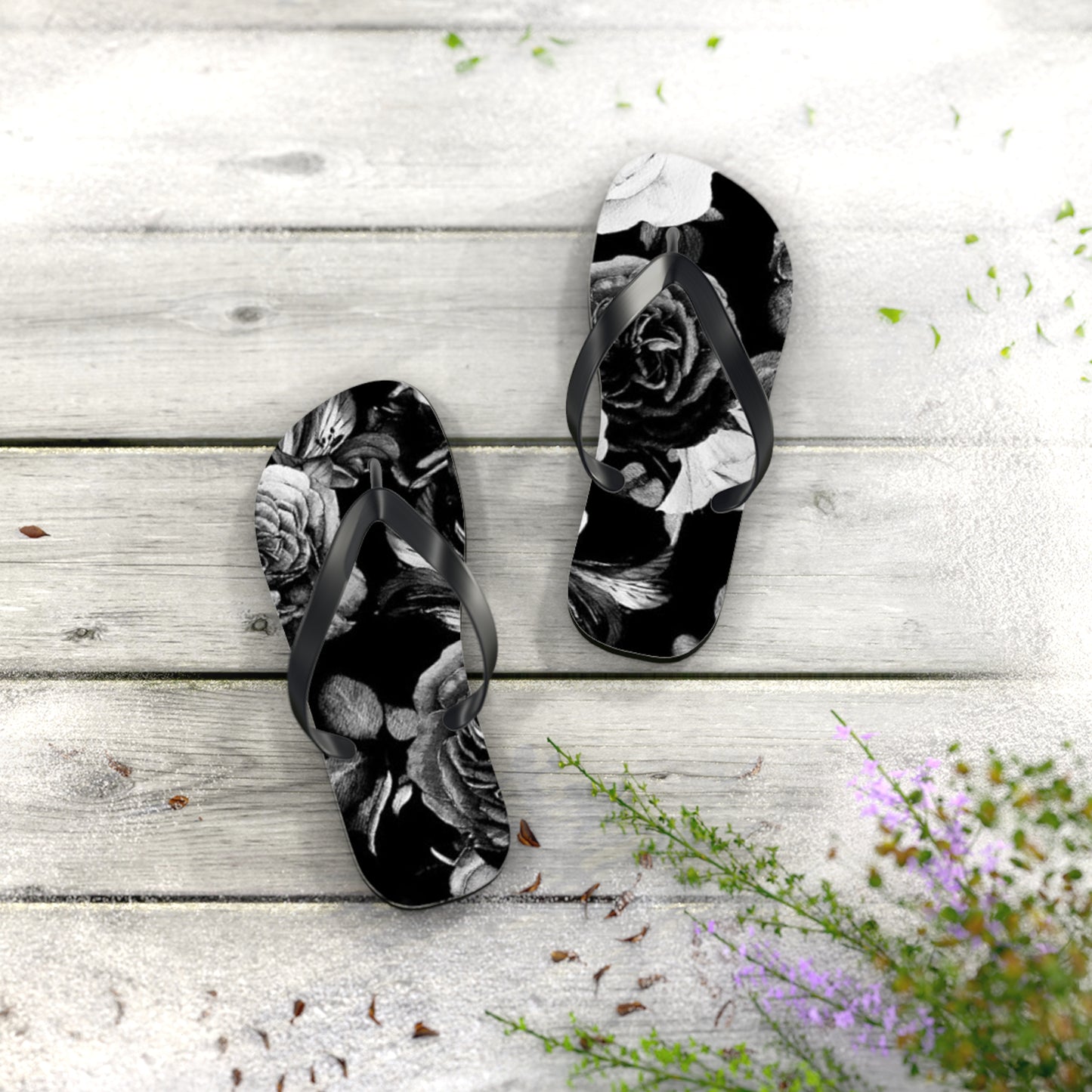 Black and White Floral Design Flip Flops