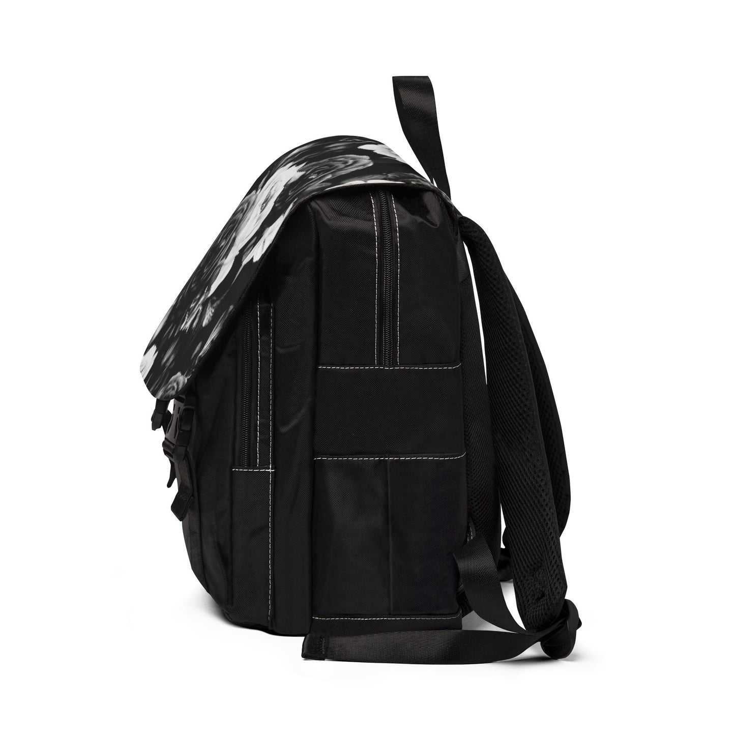 Black & White Unisex Floral Flap Backpack – Modern Style