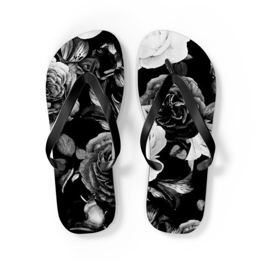 Black and White Floral Design Flip Flops