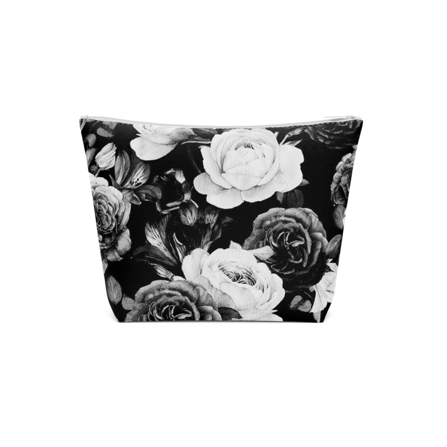 Black and White Floral Design Cotton Cosmetic Bag