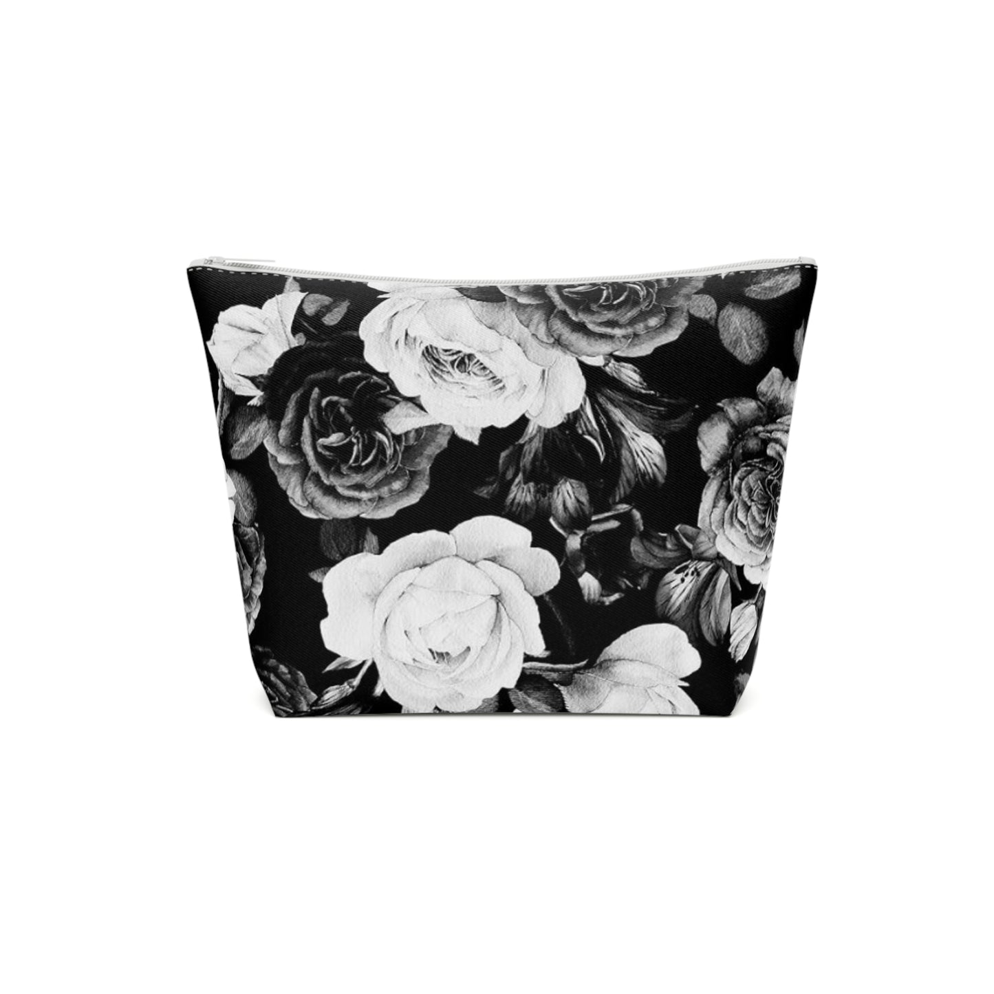 Black and White Floral Design Cotton Cosmetic Bag
