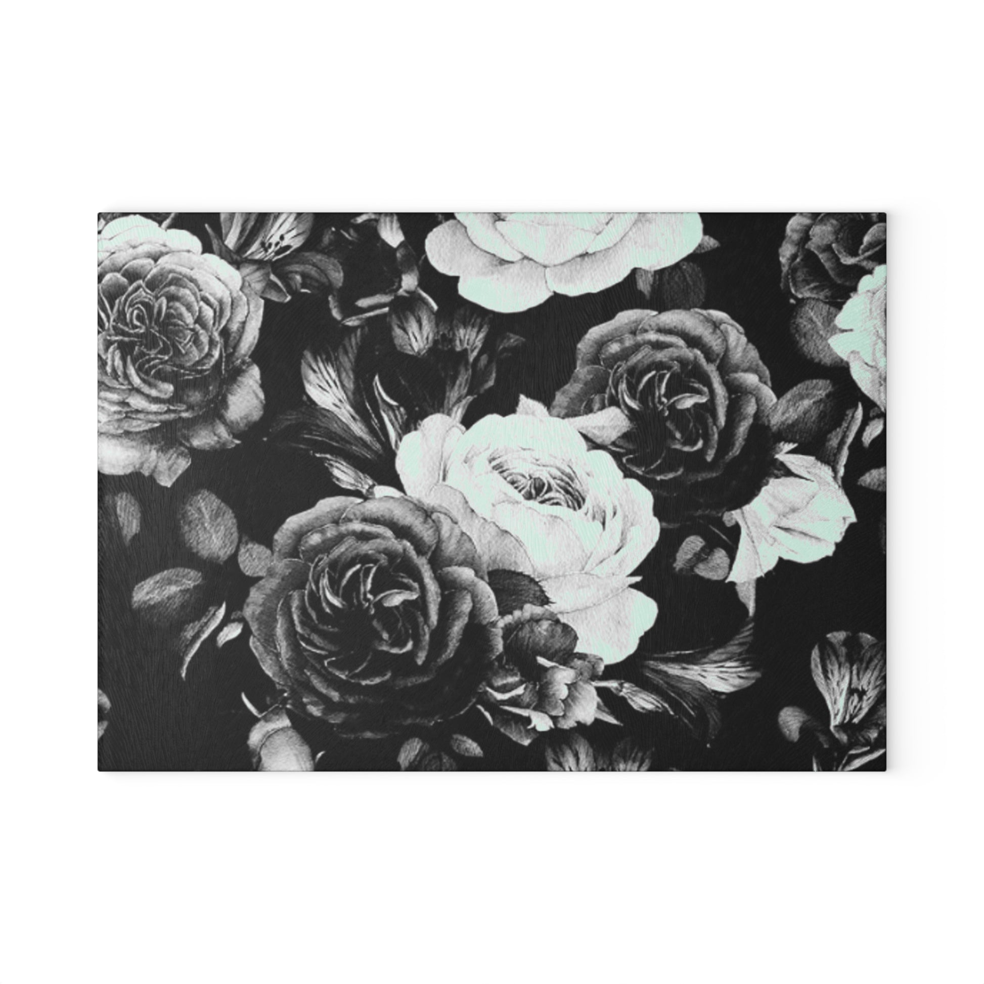 Black & White Floral Glass Cutting Board – Elegant Kitchen Decor