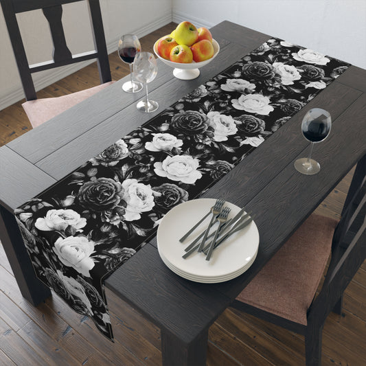 Black and White Floral Design Table Runner (Cotton, Poly)