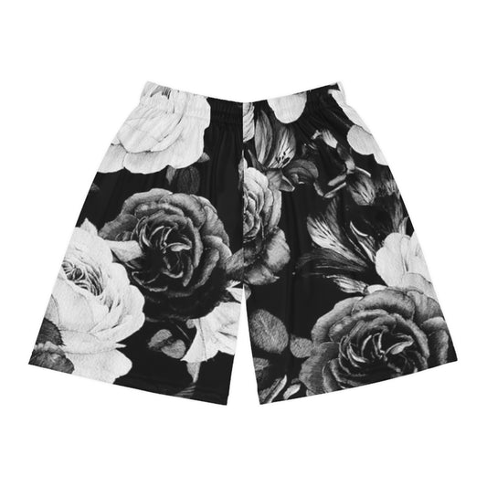 Black and White Floral Design Basketball Shorts