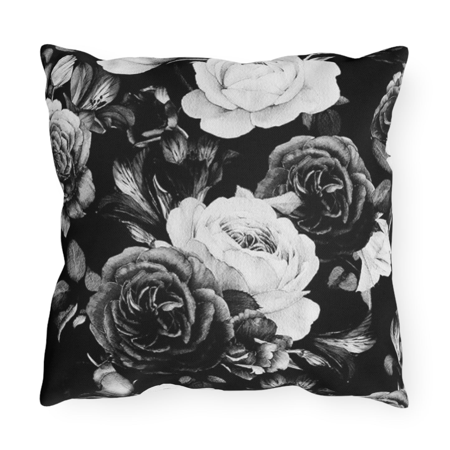 Black and white floral outdoor pillow with elegant pattern, perfect for patios and outdoor decor