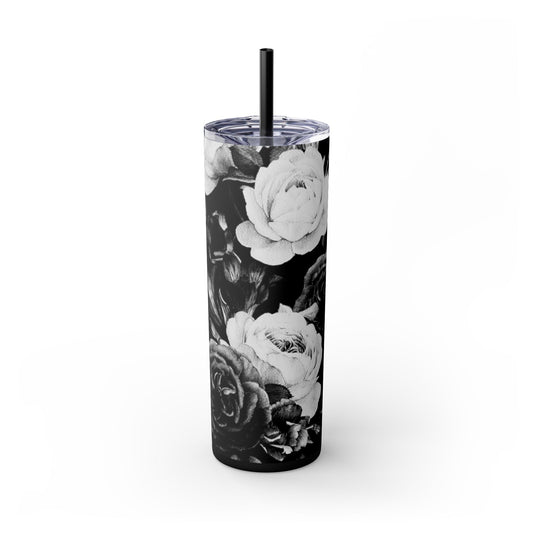 Black & White Floral Skinny Tumbler – Durable Stainless Steel 20 oz