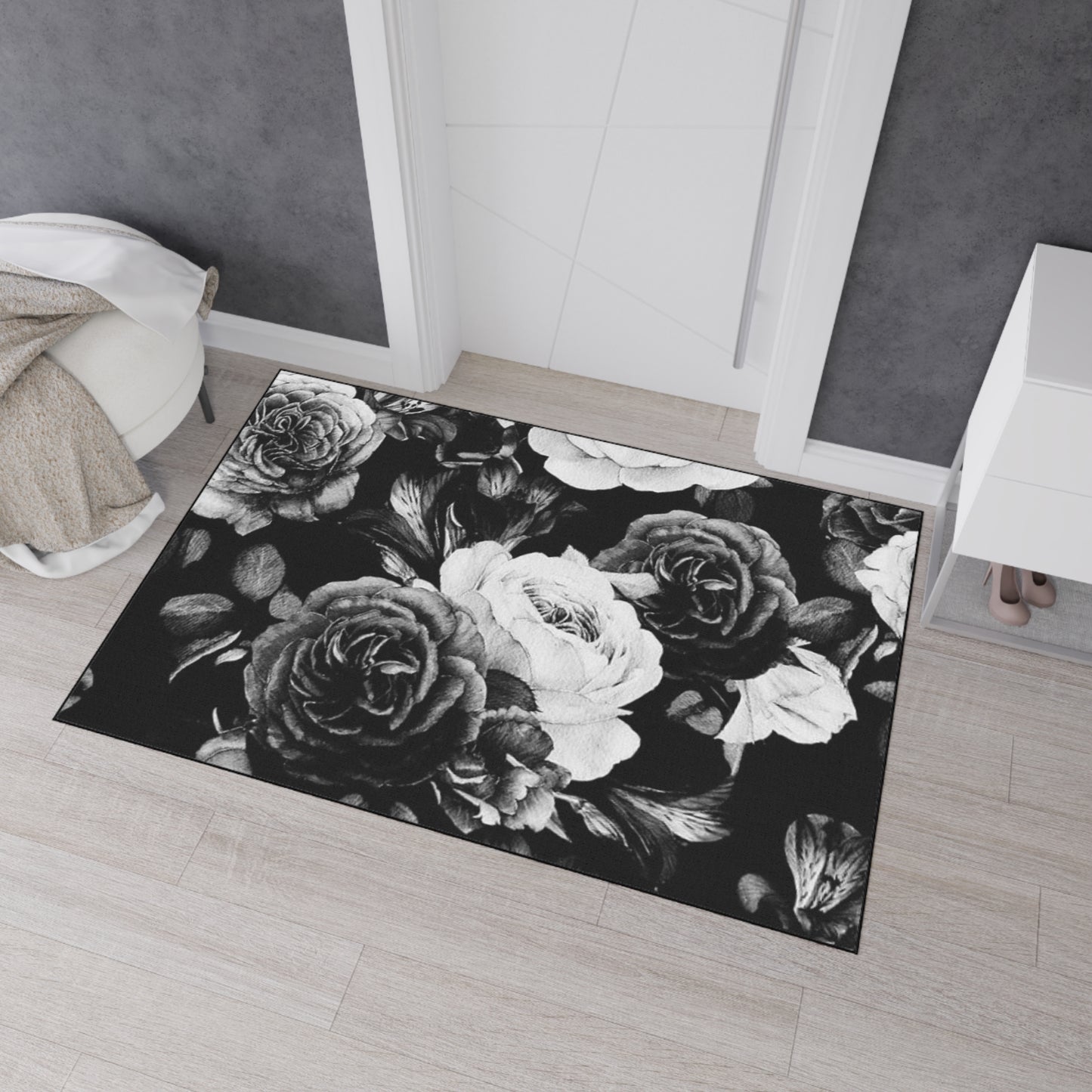 Black and White Floral Floor Mat