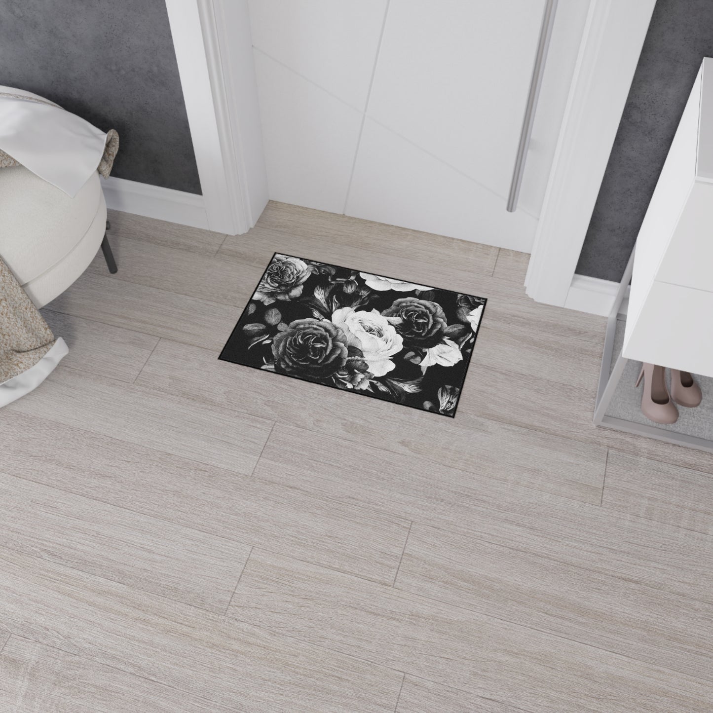 Black and White Floral Floor Mat