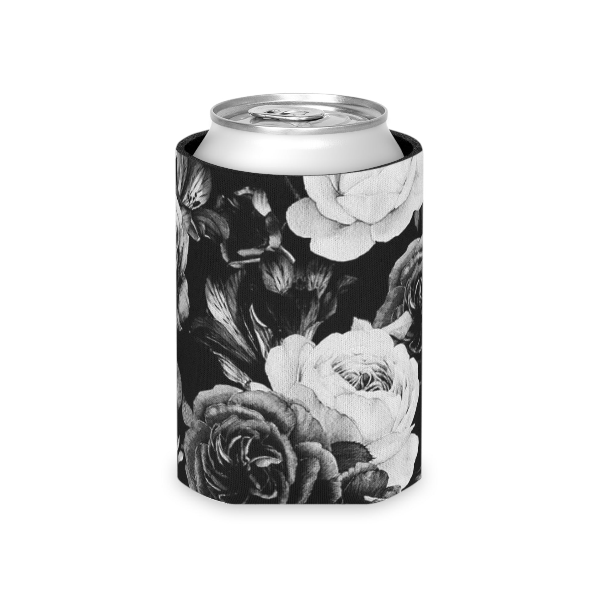 Floral Can Cooler - Black & White Floral Design