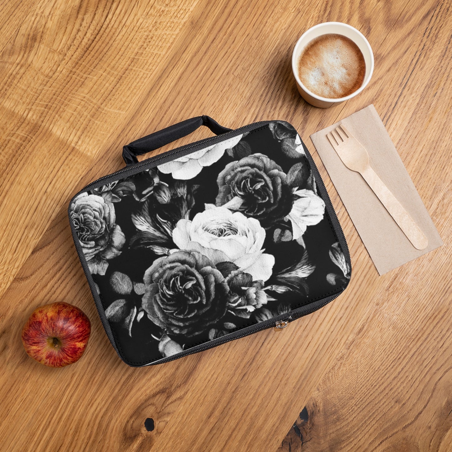 Black and White Floral Lunch Bag