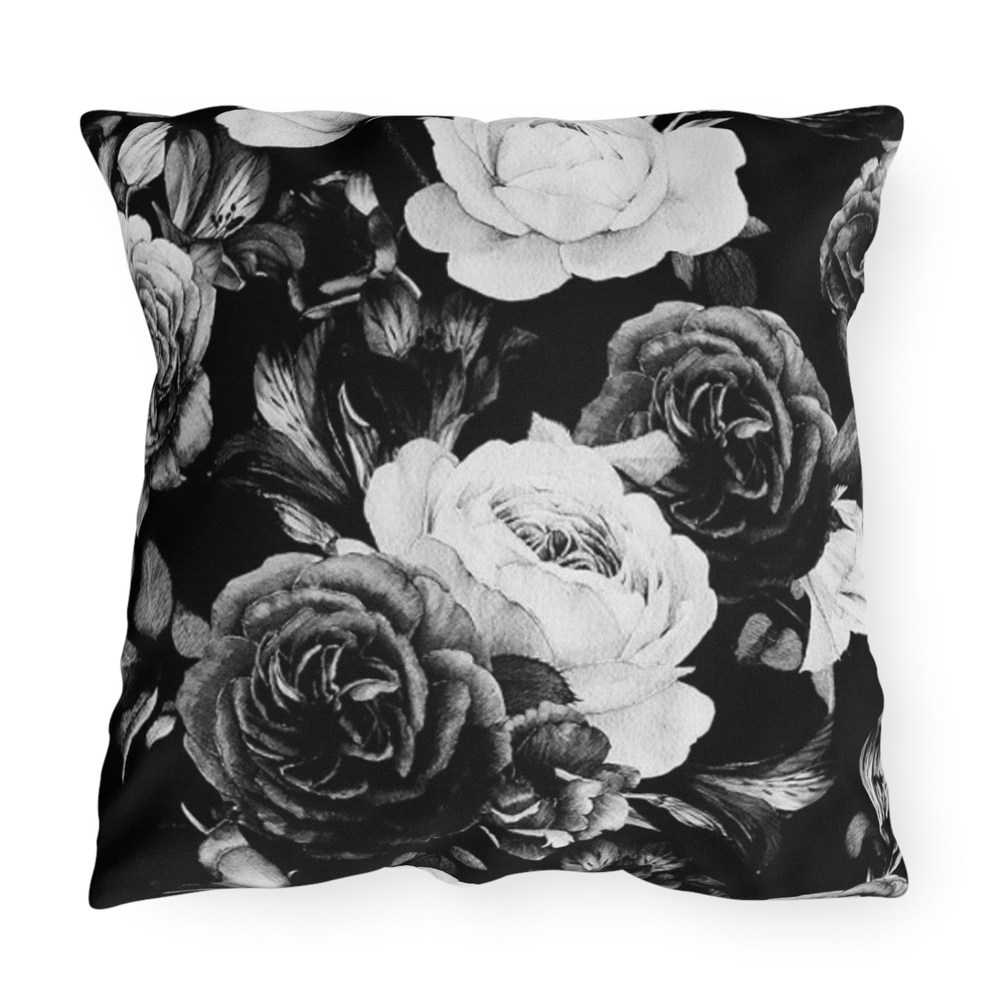 Black and white floral outdoor pillow with elegant pattern, perfect for patios and outdoor decor