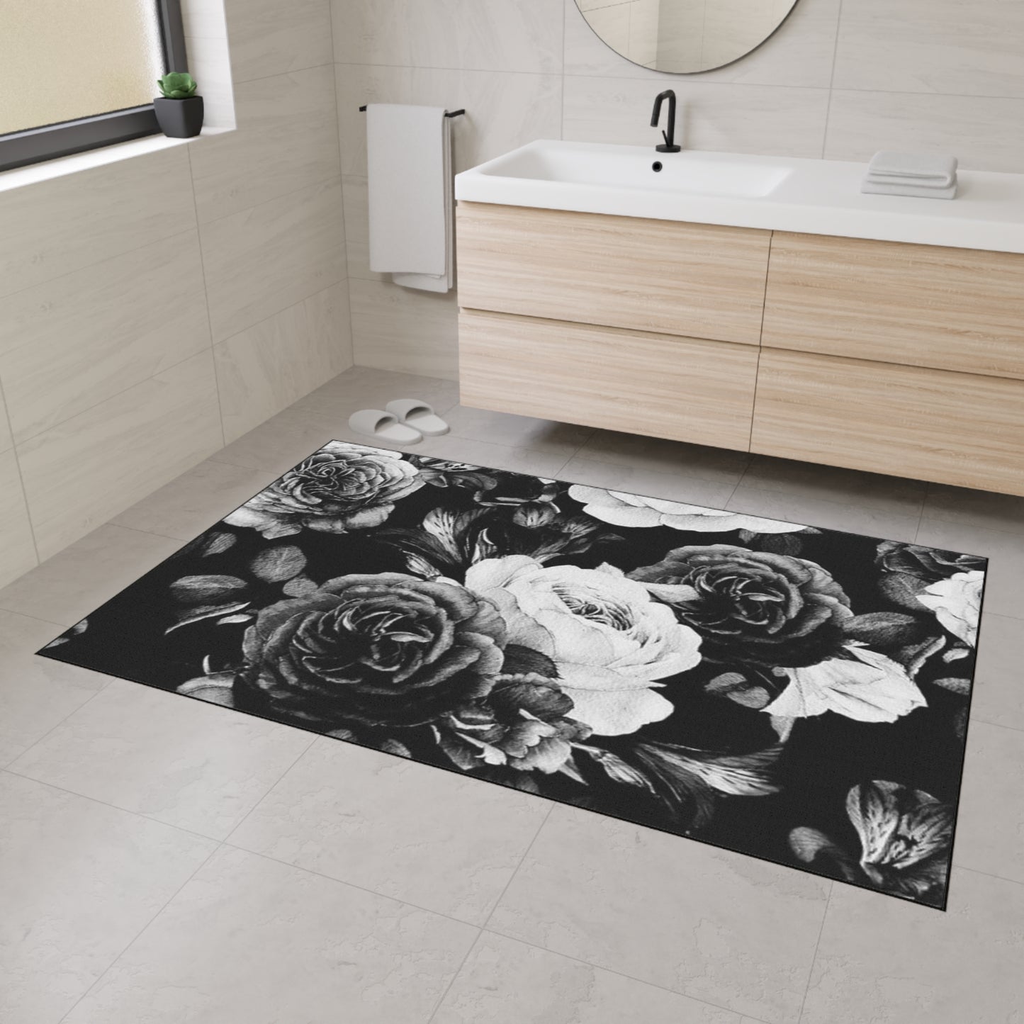 Black and White Floral Floor Mat
