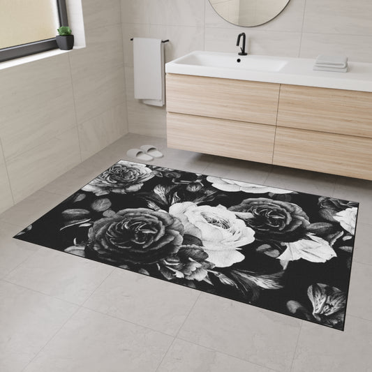 Black and White Floral Floor Mat