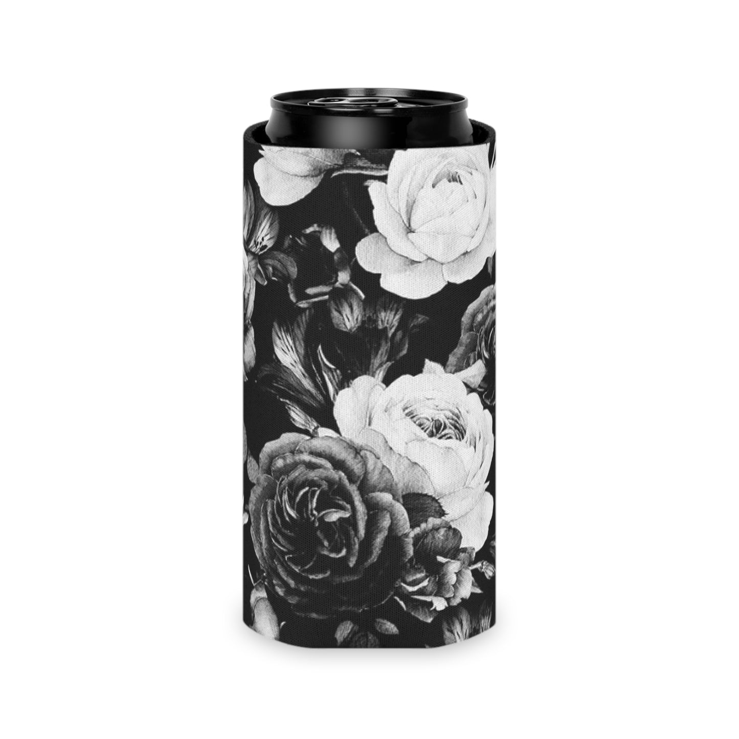 Floral Can Cooler - Black & White Floral Design
