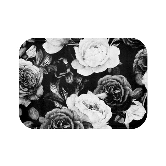 Black and White Floral Design Bath Mat