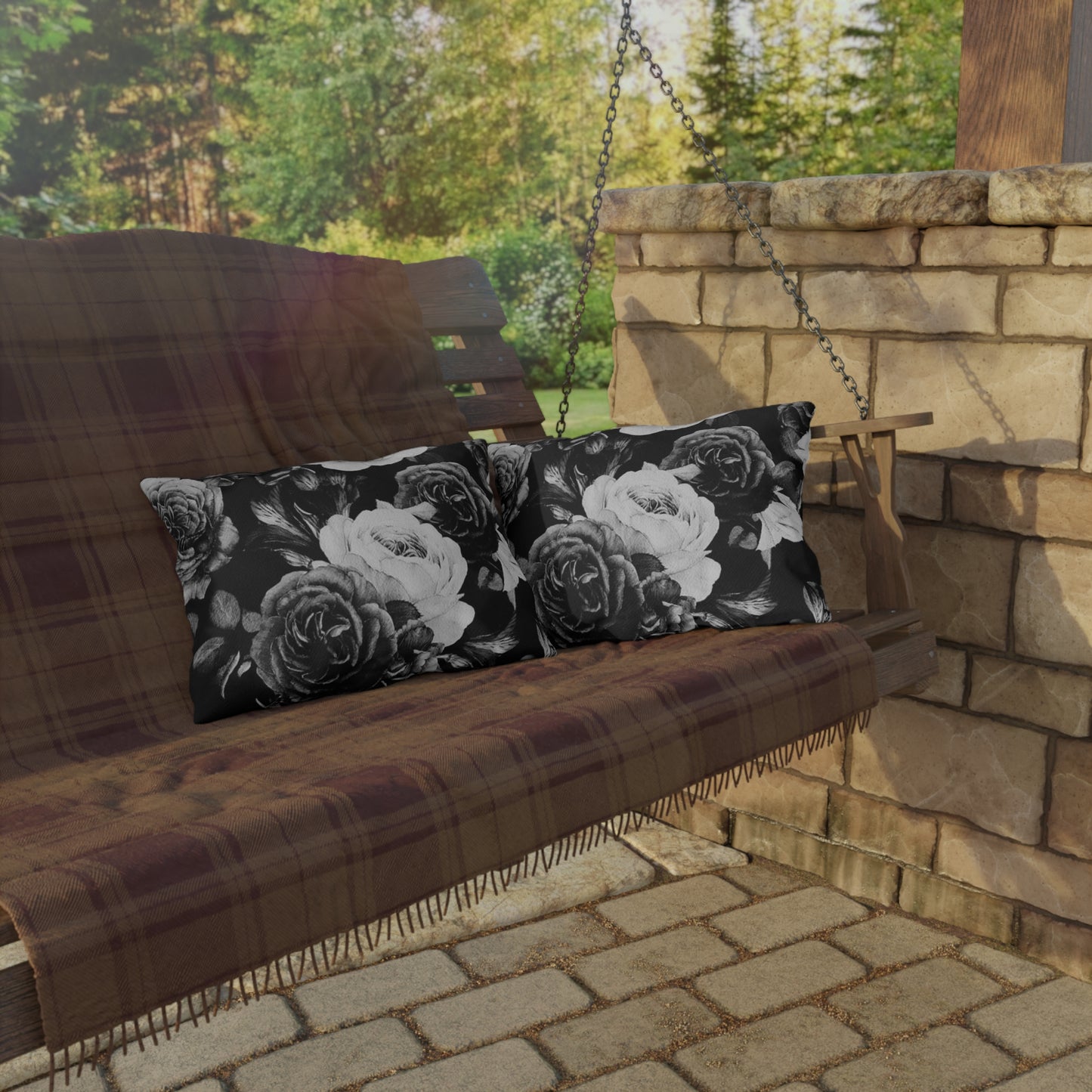 Black & White Floral Outdoor Pillow