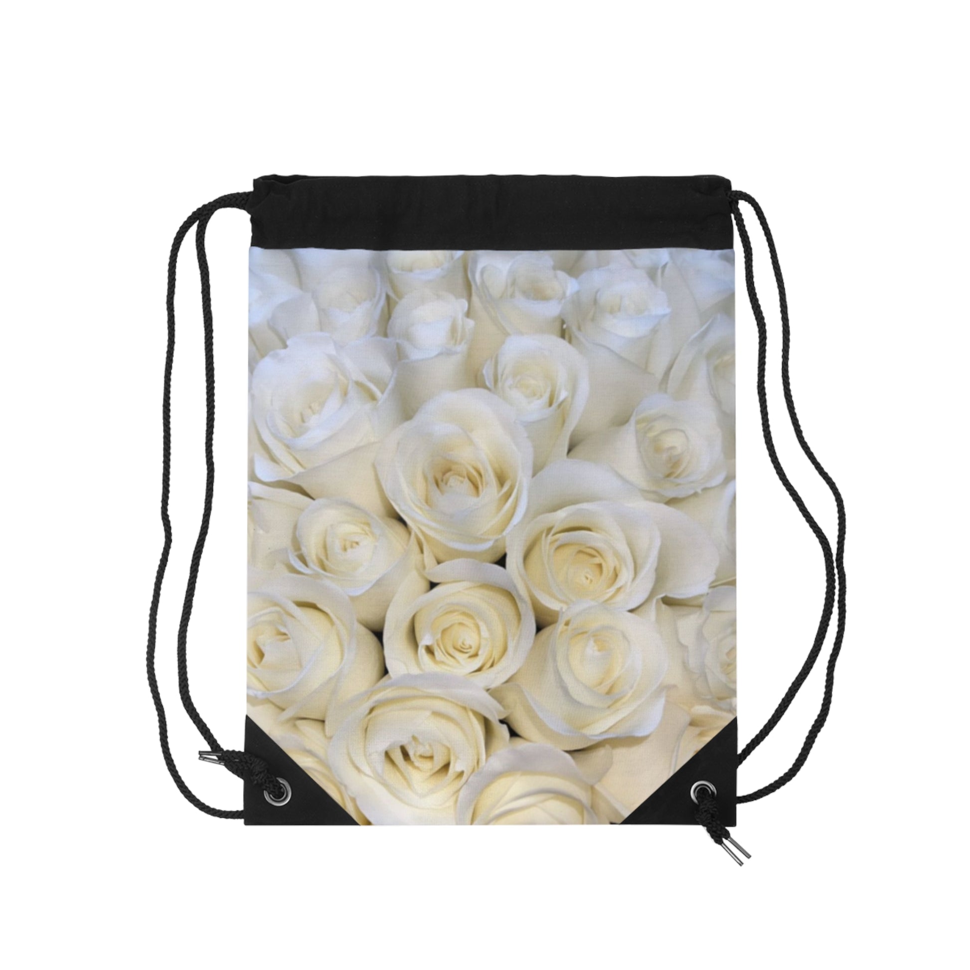White Roses Floral Drawstring Bag