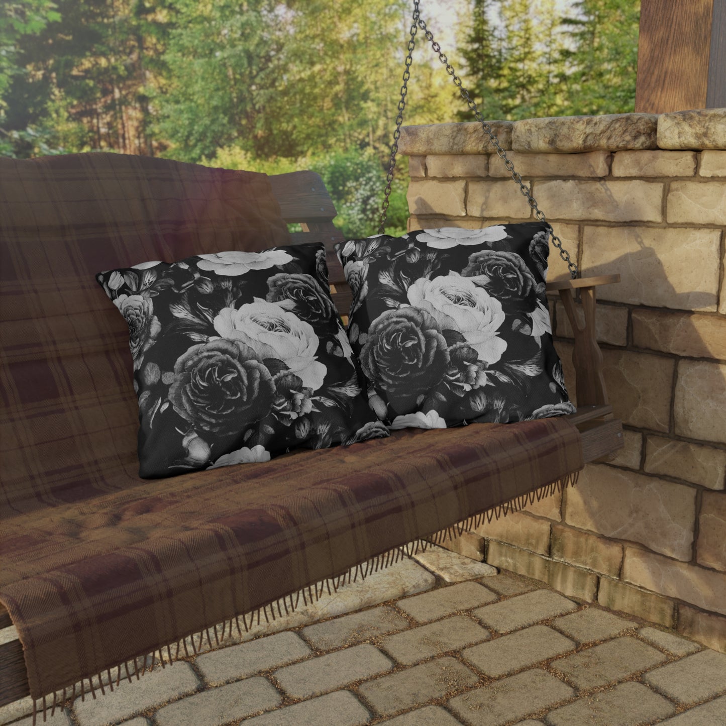 Black & White Floral Outdoor Pillow