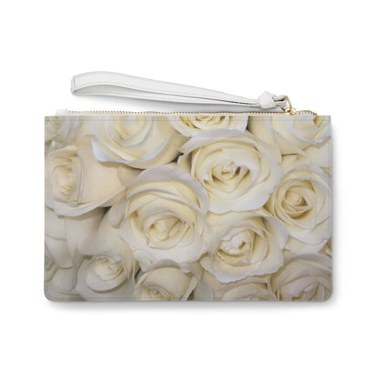  White Roses Floral Leather Clutch Bag for Women