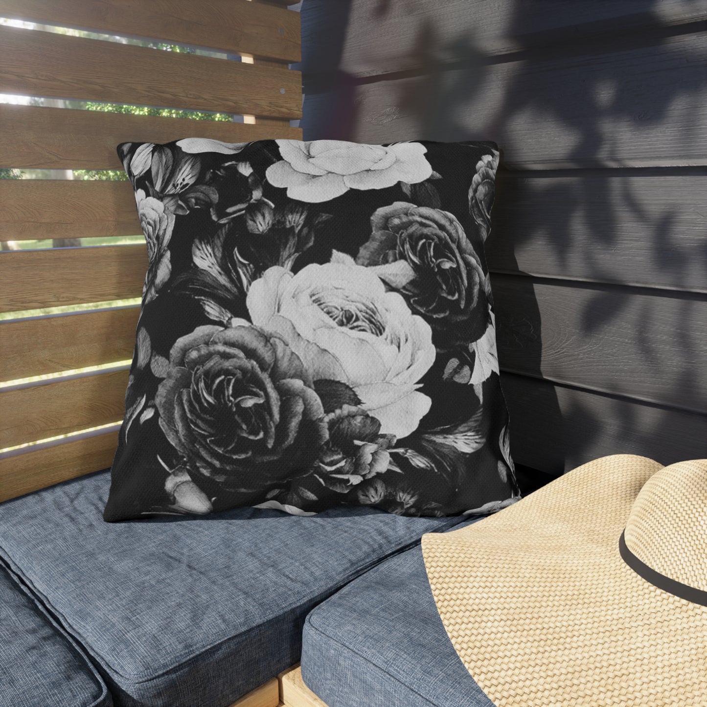 Black & White Floral Outdoor Pillow