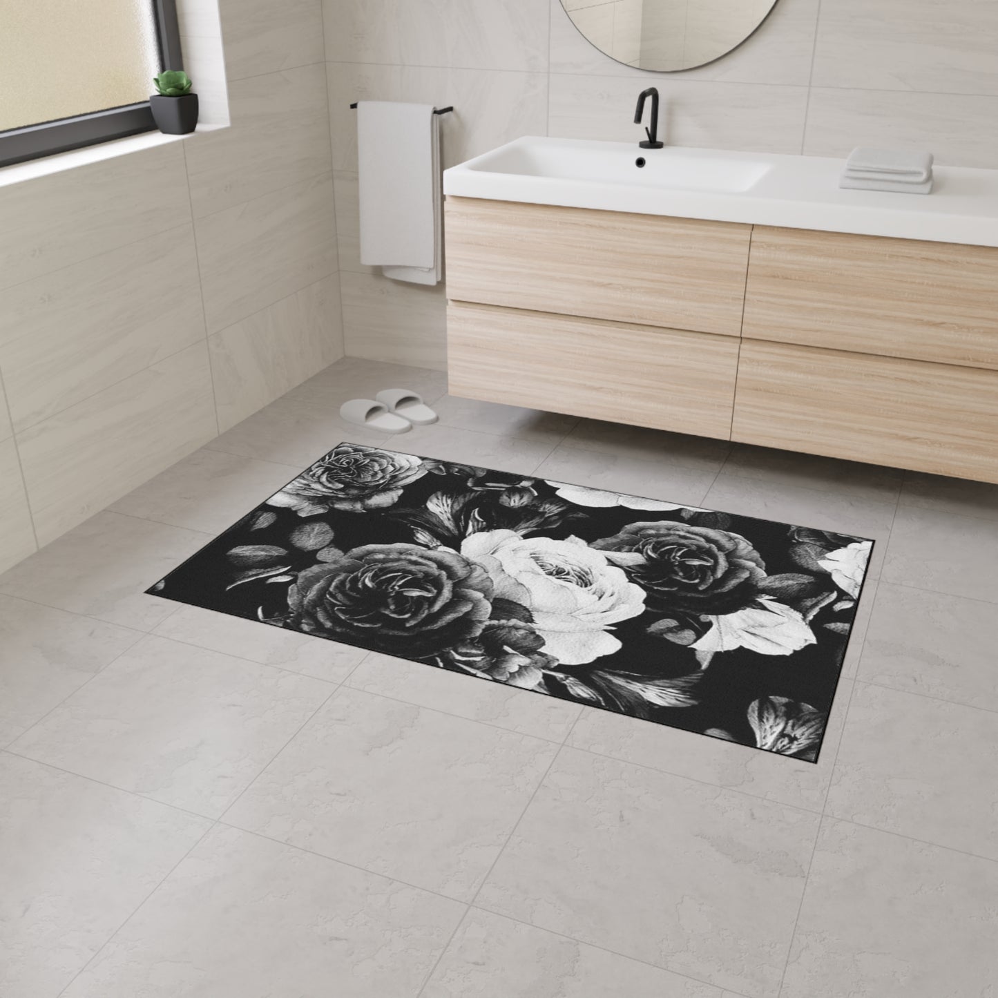 Black and White Floral Floor Mat