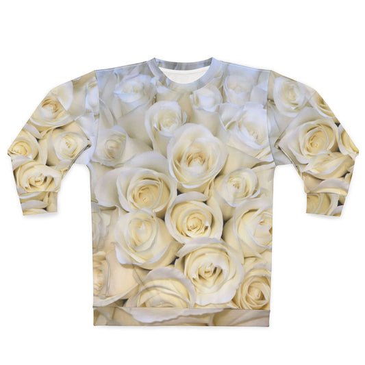 White Roses Sweatshirt – All-Over Floral Print | Custom Sewn Crewneck