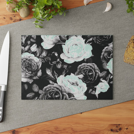 Black and White Floral Design Glass Cutting Board