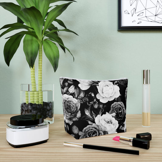 Black and White Floral Design Cotton Cosmetic Bag