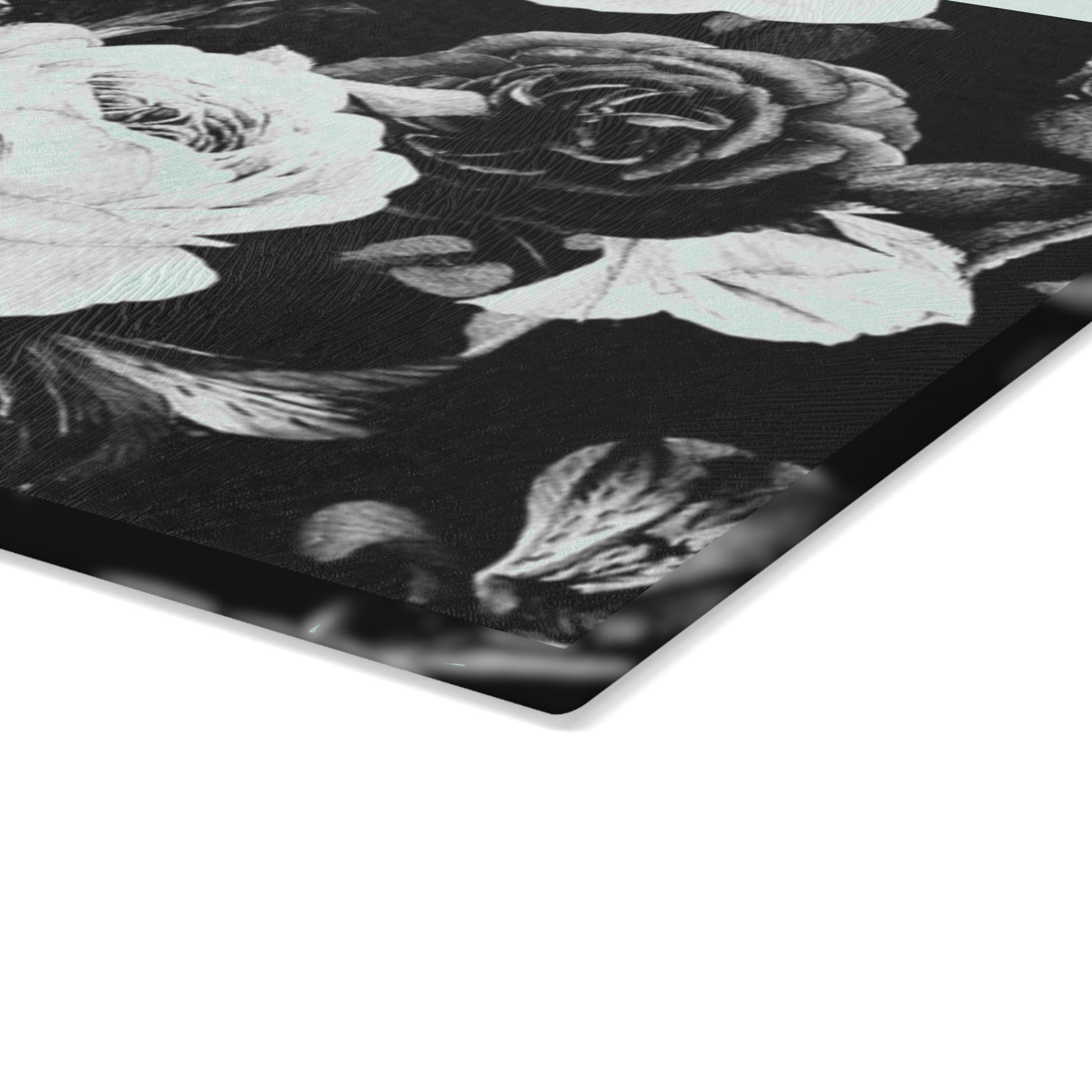 Black & White Floral Glass Cutting Board – Elegant Kitchen Decor