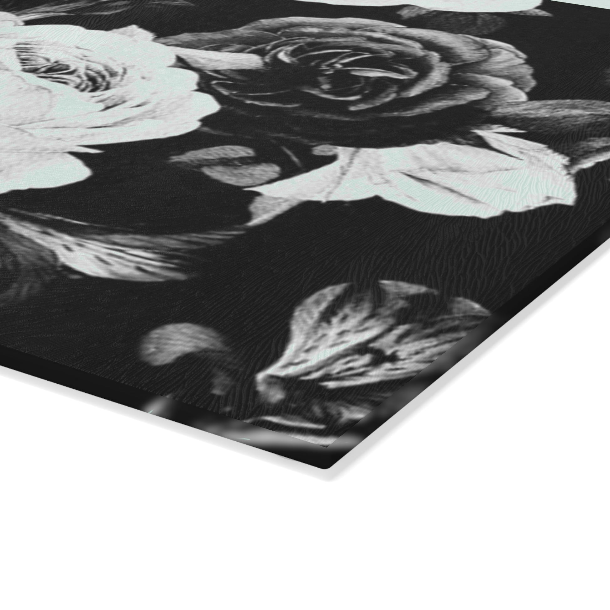 Black & White Floral Glass Cutting Board – Elegant Kitchen Decor