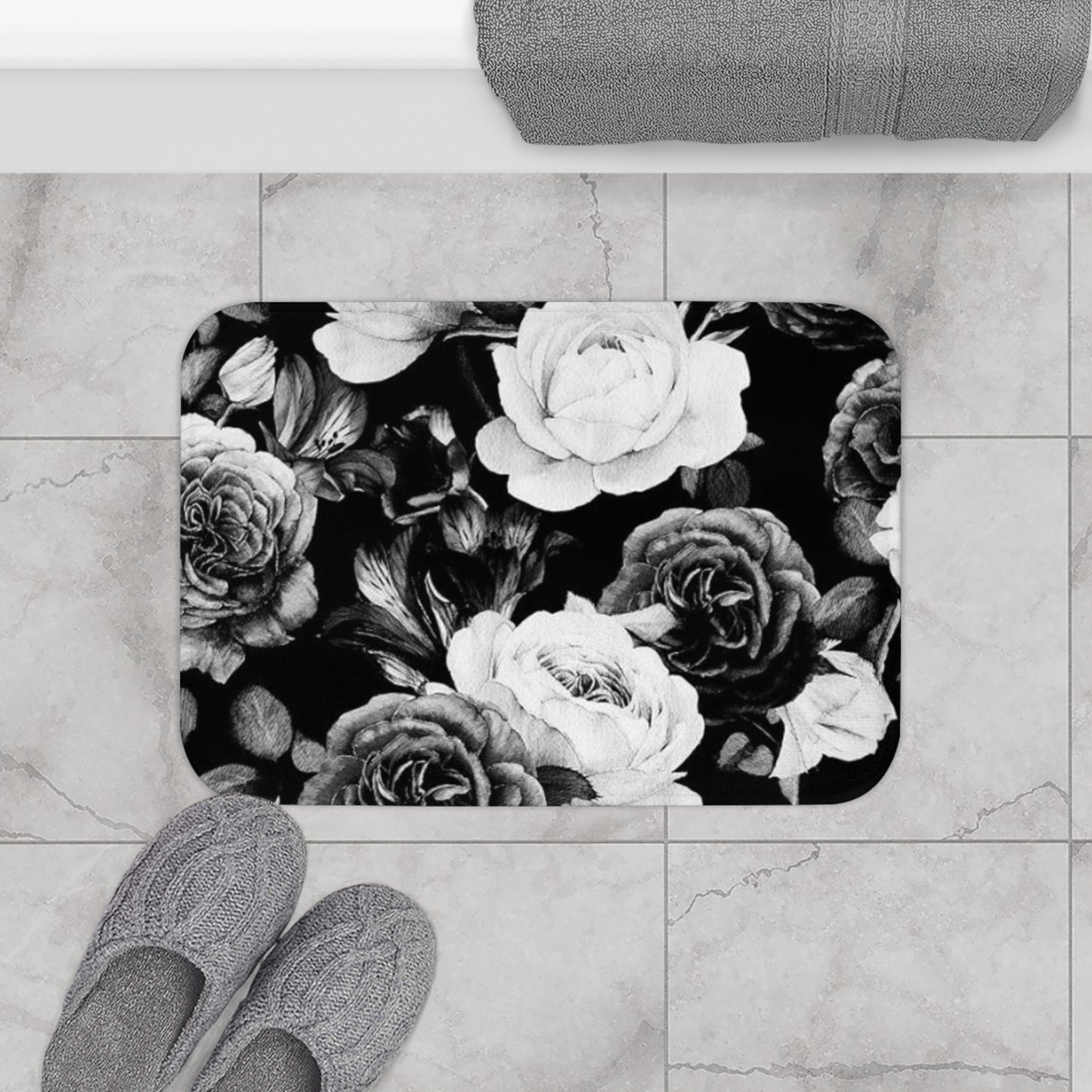 Black and White Floral Design Bath Mat