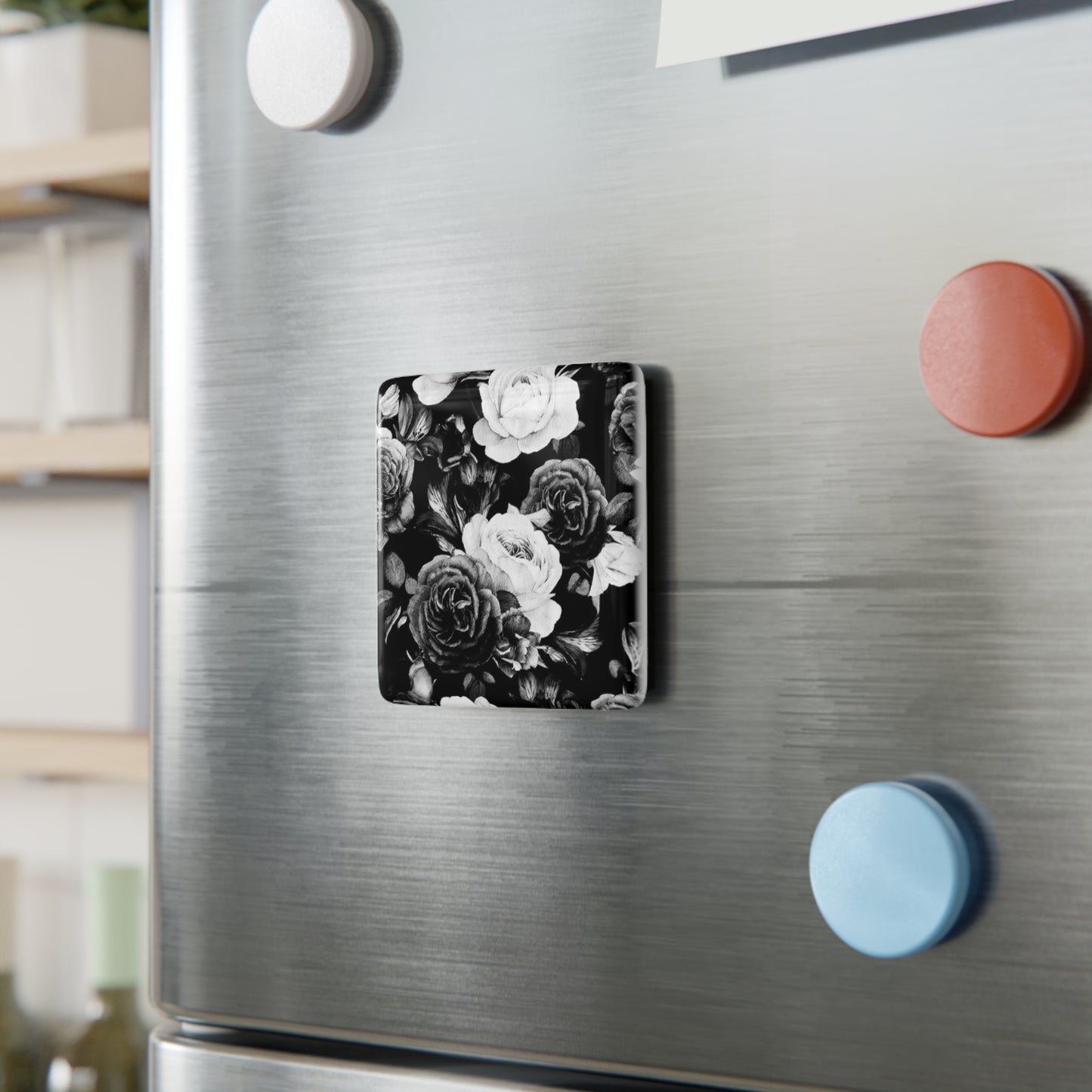 Black & White Floral Square Magnet – Floral Square Magnets