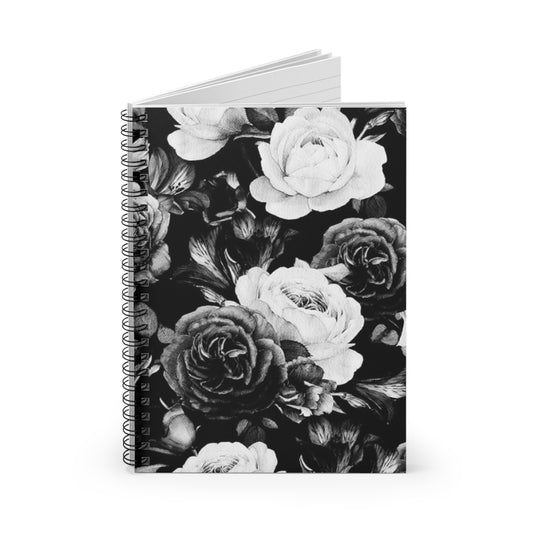 Black & White Floral-Themed Spiral Notebook-Ruled Line | Stylish Stationery
