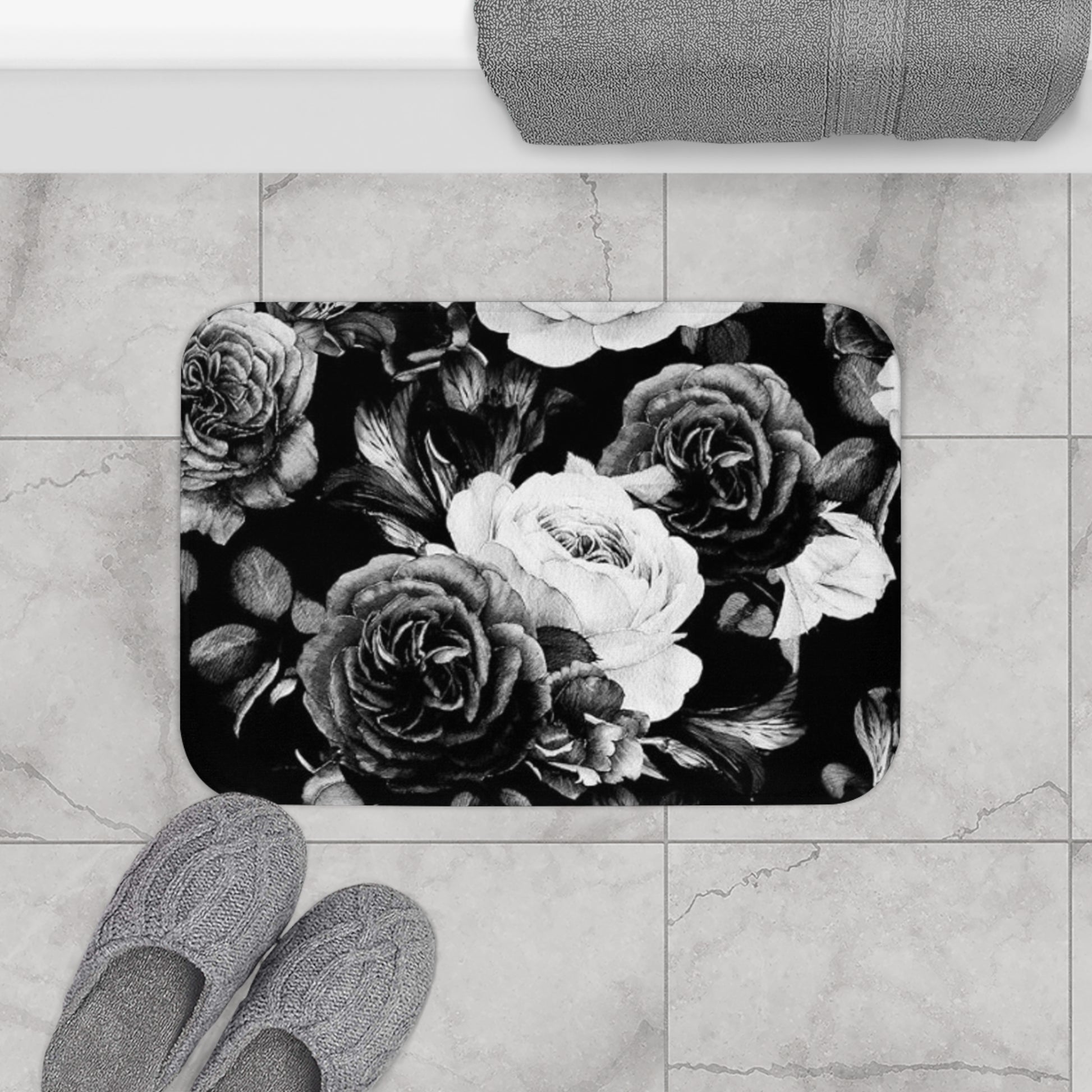 Black & White Floral Bath Mat Anti Slipping