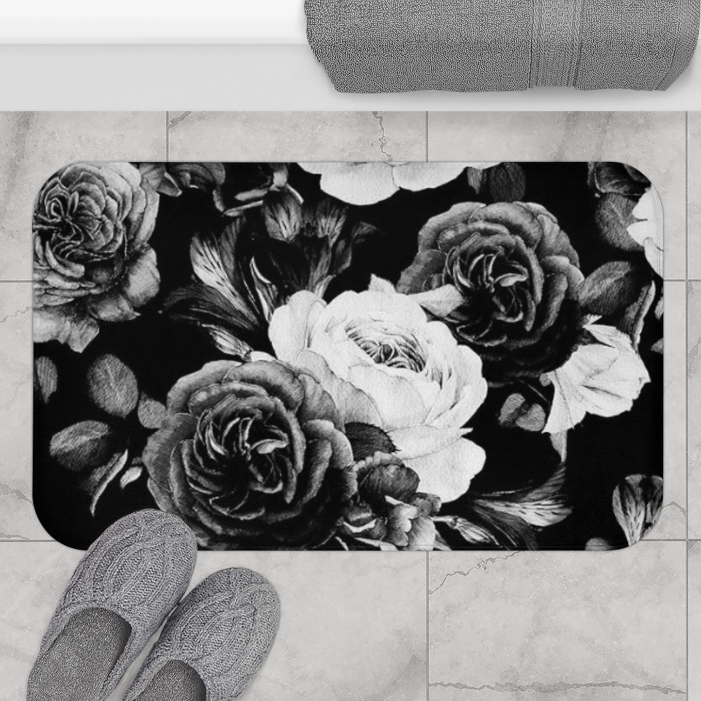 Black & White Floral Bath Mat Anti Slipping