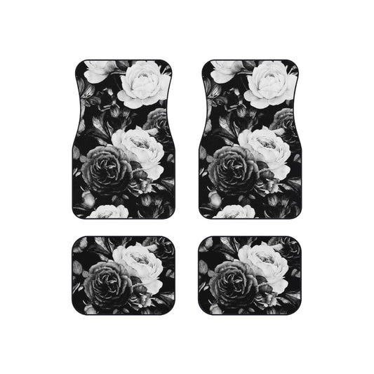 Black & White Floral Car Mats – Set of 4 for Car Interior