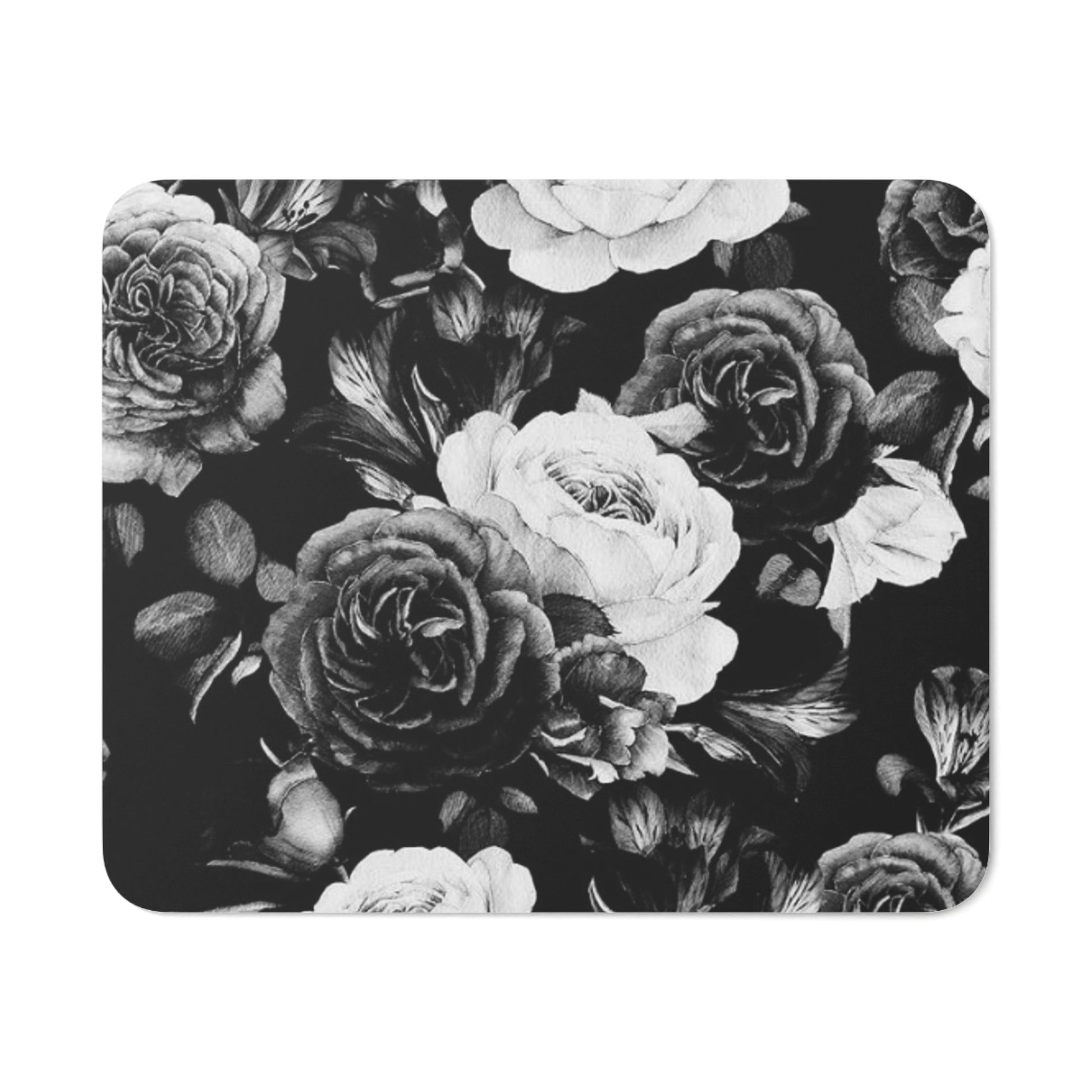 Black & White Floral Desk Mouse Pad – Classic Monochrome Desk Accessory