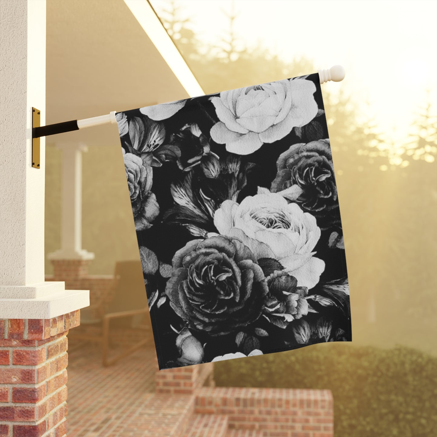 Black & White Floral Garden and House Banner – Minimalist Outdoor Decor