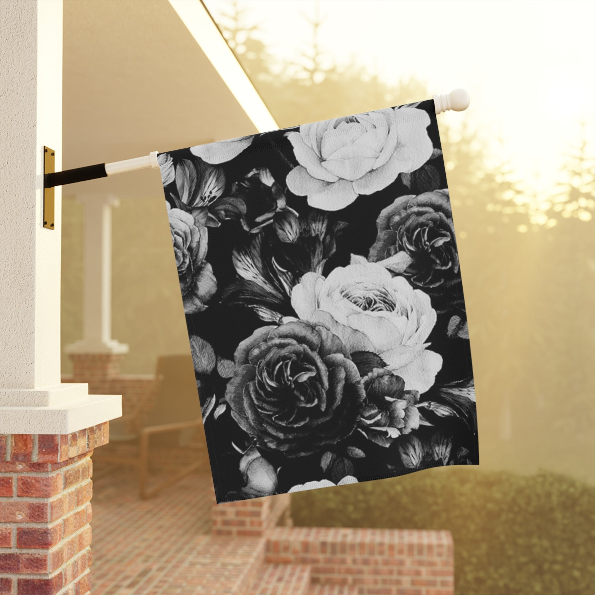 Black & White Floral Garden and House Banner – Minimalist Outdoor Decor
