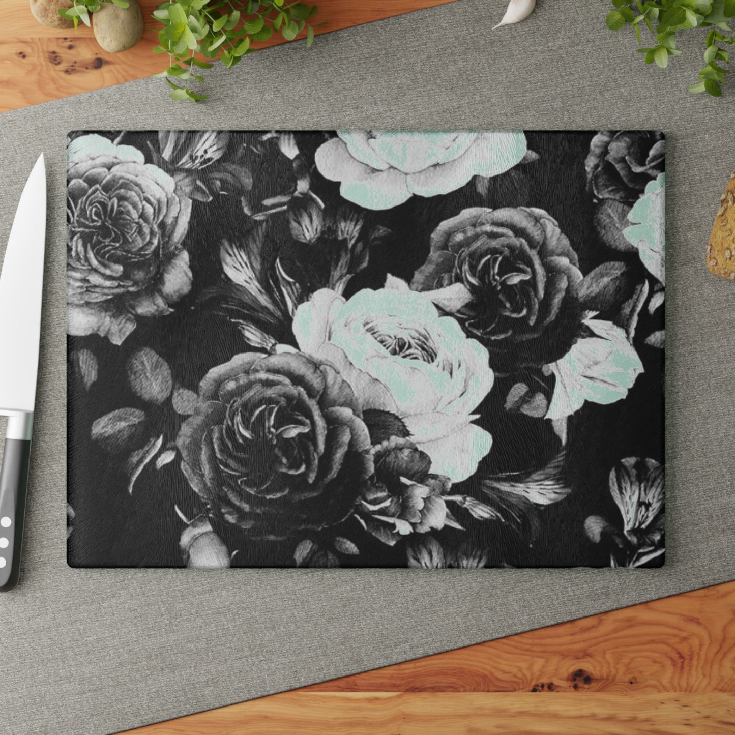 Black & White Floral Glass Cutting Board – Elegant Kitchen Decor