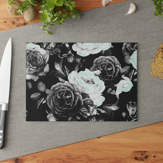 Black & White Floral Glass Cutting Board – Elegant Kitchen Decor