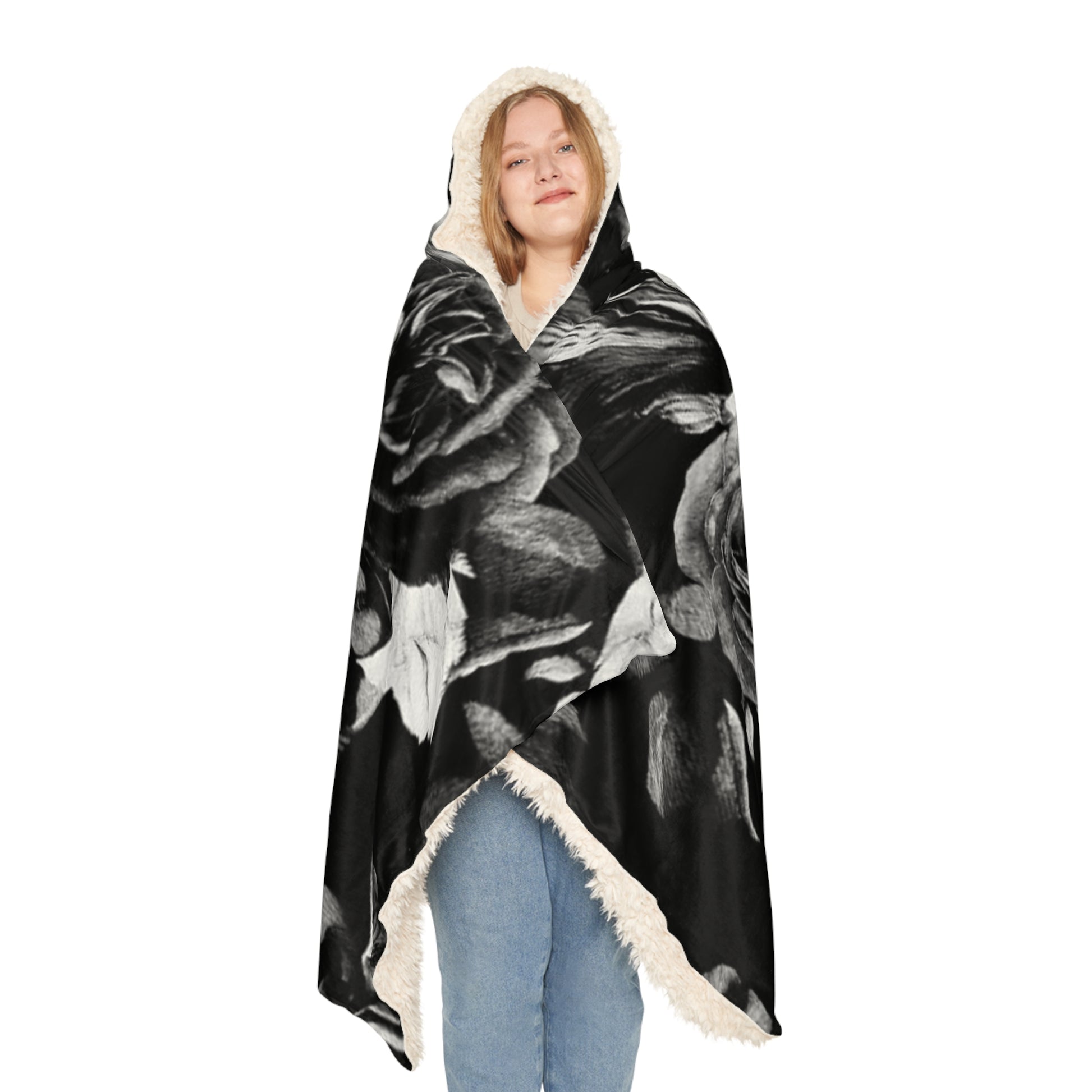 Black & White Floral Hooded Blanket – Cozy & Stylish Wrap