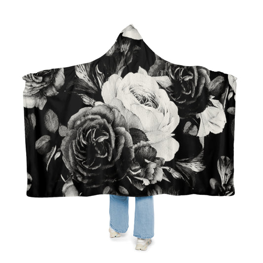 Black & White Floral Hooded Blanket – Cozy & Stylish Wrap