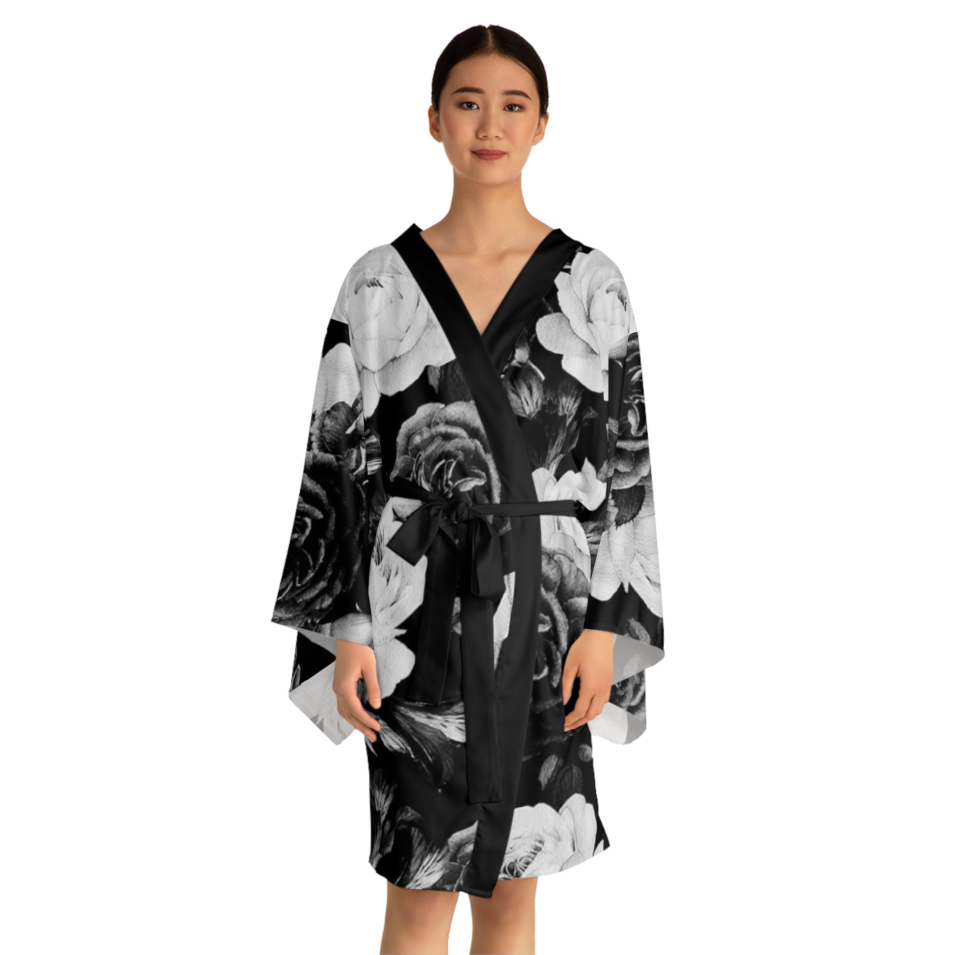 Black & White Floral Japanese Style Kimono Robe