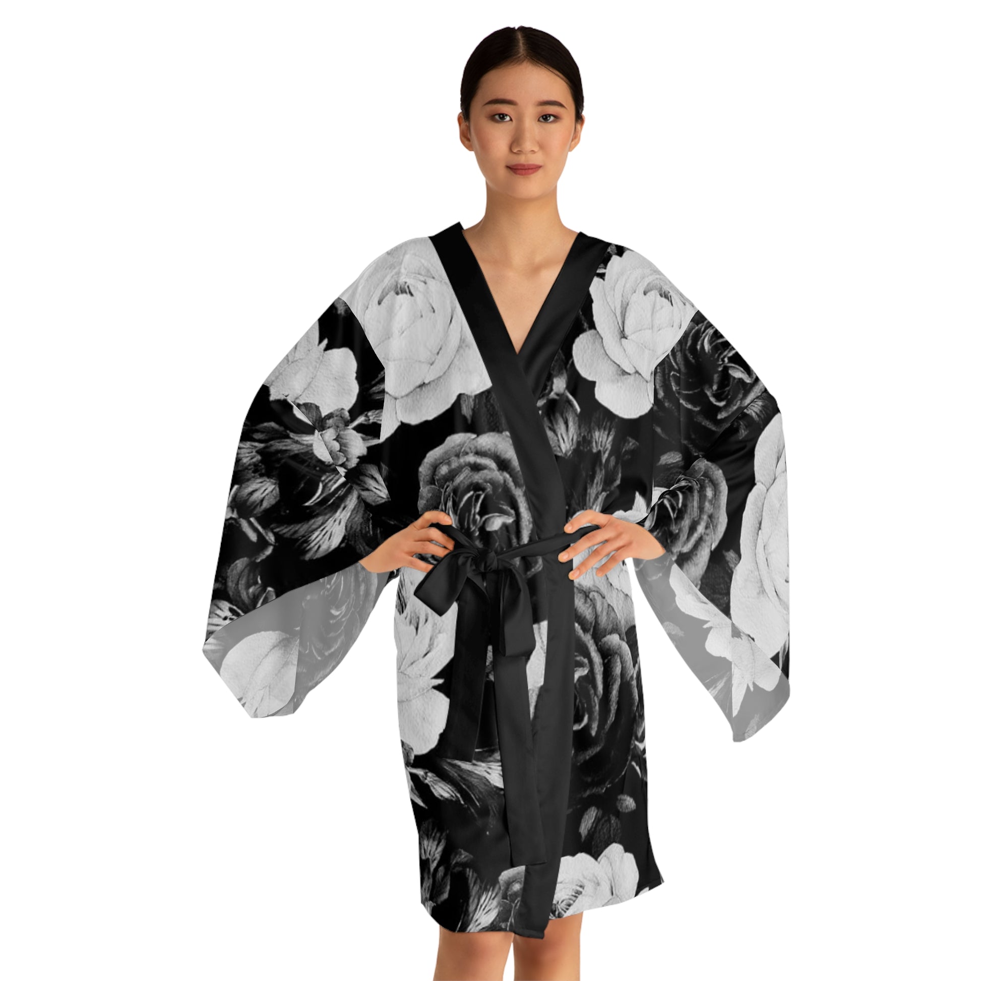 Black & White Floral Japanese Style Kimono Robe