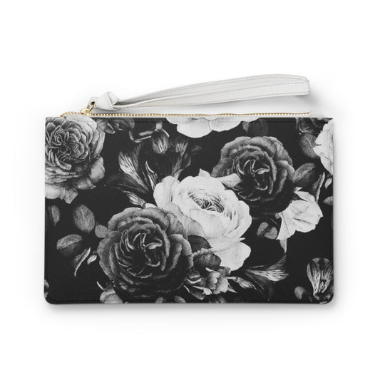 Black & White Floral Leather Clutch Bag for Women